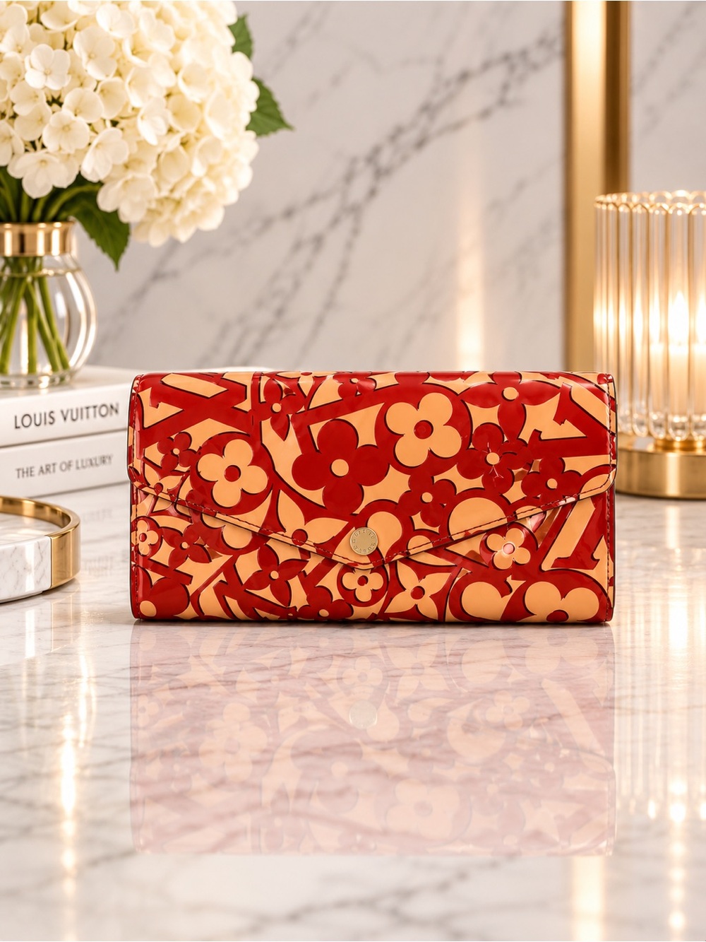 Louis Vuitton Red & Beige Vernis Floral Patent Sarah Wallet Full Inclusion